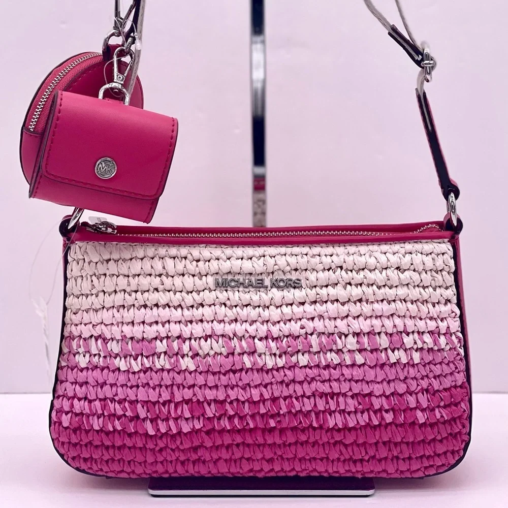 Michael Kors Pink Gradient Woven Crossbody Bag With tech attached Dragonfruit